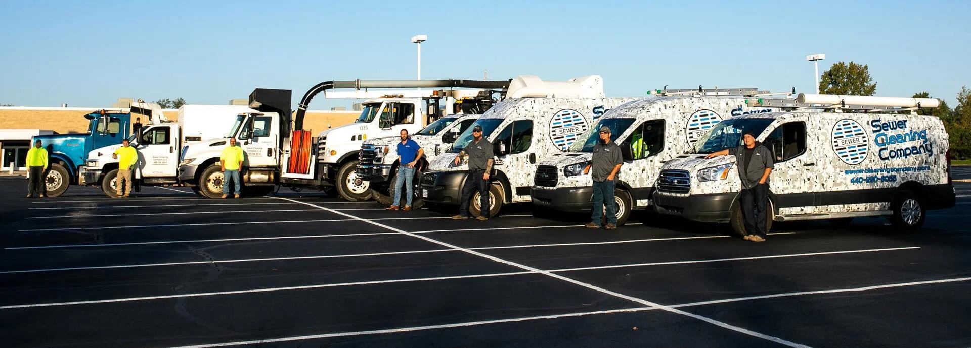 Staff and work truck fleet of Sewer Cleaning Company, located in Cleveland, Ohio